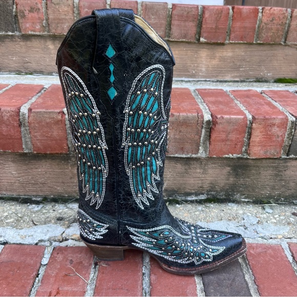 Corral Vintage Leather Black & Teal Bedazzled Angel Wing and Cross Cowboy Boots - Picture 8 of 10